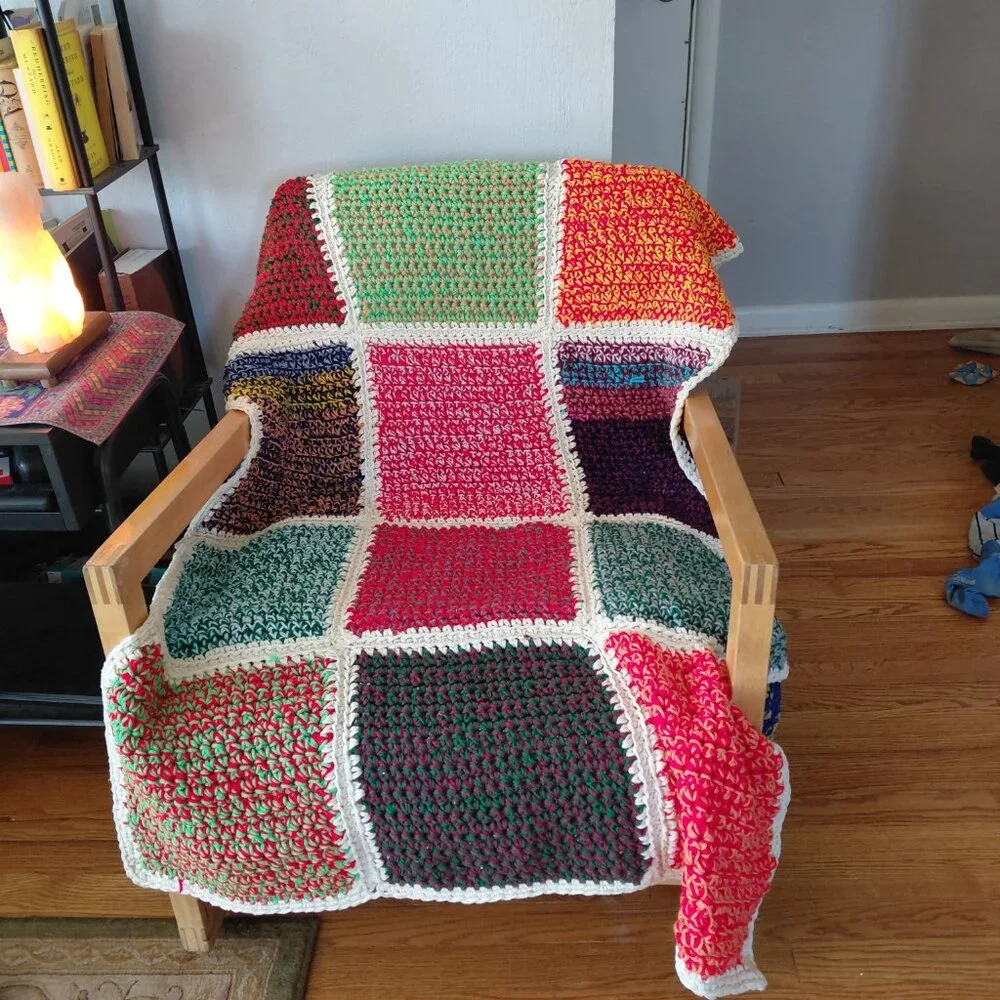 Vintage 70s Crochet Granny Square Panels Handmade Afghan Blanket Retro Boho